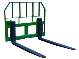 Introducing the John Deere Pallet Forks 245 Loader And Others, a green attachment fitted with two black forks, expertly designed to work seamlessly with a John Deere 245 Loader for efficient lifting and moving of pallets.