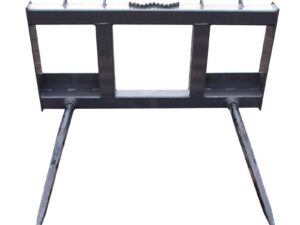 The Skid-Steer Dual Bale Spear is a skid-steer attachment with a metal frame and two long, pointed spears, designed for efficiently lifting and transporting hay bales.