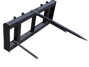 The Skid-Steer Single Bale Spear is a black metal attachment featuring two long spears and one short spear, designed for efficiently moving and stacking single hay bales on skid-steers or tractors.