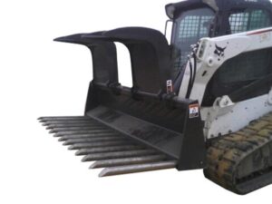 The Skid-Steer Tine Grapple Bucket, equipped with hydraulic arms and serrated teeth, is ready for heavy-duty tasks.