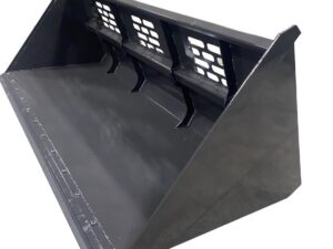 The Skid-Steer Snow Bucket – Heavy Duty is a black, metal snow bucket featuring a grated upper rear section, specifically designed for mounting on heavy-duty skid-steer construction or agricultural equipment.