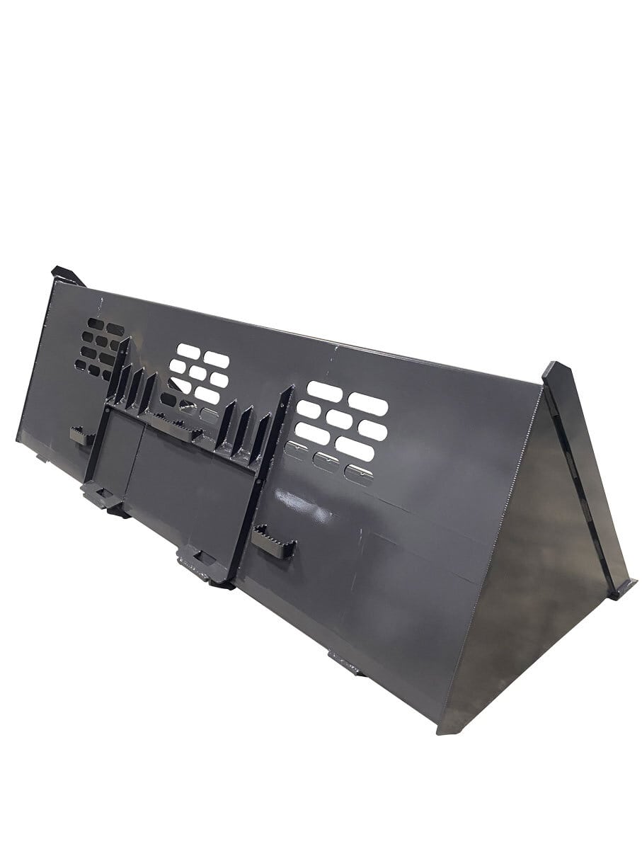 Introducing the Skid-Steer Snow Bucket – Heavy Duty, a robust and sizable black metallic wedge-shaped structure featuring cut-out rectangular holes and protruding elements, perfect for tackling heavy-duty tasks.