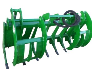 A green John Deere Utility Root Rake Grapple designed for handling materials like hay or debris.