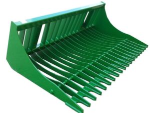 The John Deere Rock Bucket is a green metal rake attachment designed for loaders or excavators to sort and sift material. This versatile tool, compatible with John Deere machinery, enhances job site efficiency.
