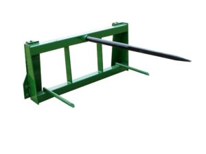 Image of a John Deere Bale Spear 200 to 500 series attachment, featuring three sharp tines for securing and transporting hay bales, designed for use with 200 to 500 series tractors or other agricultural machinery.