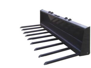 Image of the Skid-Steer Manure Fork, a black attachment with multiple sturdy tines designed for handling debris, roots, and versatile enough to serve as a root rake.
