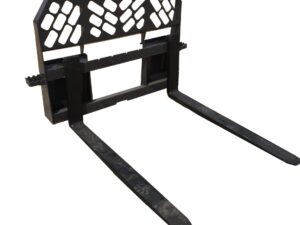 A black Skid-Steer Pallet Fork – Utility, branded with "MELECIO," comes equipped with a grated backrest for visibility and two extended forks designed for lifting pallets with essential utility.
