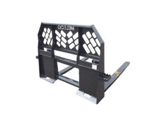 Image of a black metal industrial forklift attachment with the brand name "MELECIO" visible at the top, designed for lifting and transporting heavy materials. This Skid-Steer Pallet Fork – Heavy Duty is ideal for skid-steer operators needing robust performance.