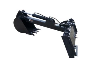 The Skid-Steer Back Hoe, a black hydraulic excavator bucket attachment, is perfect for skid-steer use and designed for efficient excavating and lifting.