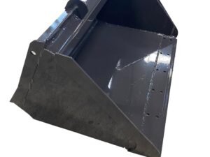 A Dirt Bucket Mini Bobcat, which is a metal excavator bucket with a slightly worn surface, designed with holes along its bottom edge for attachment.
