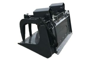 A Bobcat Grapple Bucket, a black heavy-duty attachment for Bobcat construction equipment, features hydraulic arms and a bucket designed for lifting and moving materials.