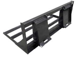 The Compact Tractor Land Leveler is a black metal attachment designed for compact tractors, featuring two mounting brackets and a sturdy supportive frame structure.