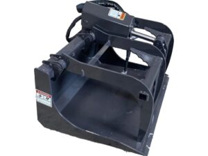 A large, black metal grapple attachment designed for heavy machinery, featuring two hinged arms and robust construction, is ideal for use with the Dingo, Toro, and Bobcat Grapple Bucket.