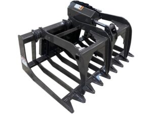 The Dingo, Toro, and Bobcat Brush Grapple Bucket is a durable attachment designed for heavy machinery like Bobcat loaders, equipped with sturdy teeth and a hydraulic mechanism at the top for effectively gripping and lifting materials.