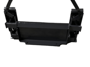 The Dingo To Mini Bobcat Adapter is a black mounting bracket with two adjustable levers on either side, designed for securing equipment like an adapter or fitting smaller machinery like a Mini Bobcat.