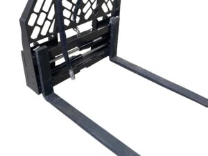 A black metal Skid Steer Hydraulic Pallet Fork attachment, featuring two long, parallel forks and a mesh guard with a handle for easy attachment.