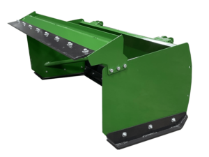 Green John Deere Snow Push with angled metal blades and bolts, suitable for a skid steer.