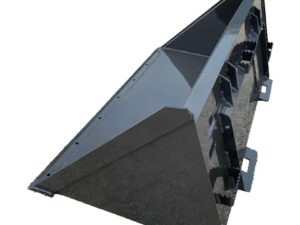 Image of the Skid-Steer Snow Bucket – Utility, a large, black, metal attachment for heavy machinery. It features a triangular shape and multiple brackets on its side—a perfect utility component for your skid-steer.
