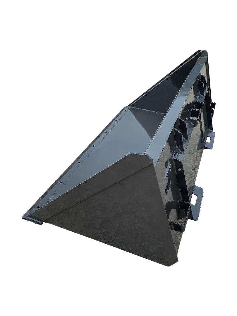 Image of the Skid-Steer Snow Bucket – Utility, a large, black, metal attachment for heavy machinery. It features a triangular shape and multiple brackets on its side—a perfect utility component for your skid-steer.