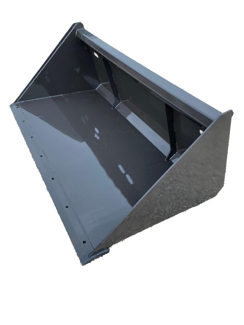 The Skid-Steer Snow Bucket – Utility, a metal attachment designed for heavy machinery, is displayed in a clean, indoor setting.