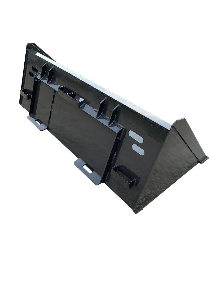 A black metal attachment piece designed for industrial use, featuring multiple hooks and slots, often utilized with heavy machinery such as the Skid-Steer Snow Bucket – Utility.
