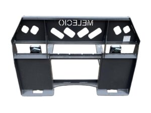 A black, rectangular metal frame with multiple cut-outs, resembling an Extra Light Duty Skid Steer Pallet Fork, and the word "MELECIO" engraved at the top, viewed against a white background.