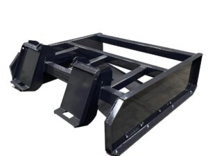 The Skid-Steer Road Scraper is a black steel tool equipped with two mounting plates and features a flat blade.
