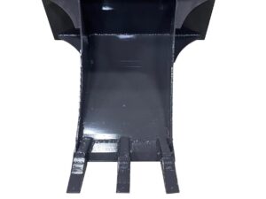 The Skid Steer Stump Bucket is a heavy-duty metal attachment for skid steers, painted black, featuring reinforcing ribs and a curved bottom designed specifically for digging or scooping materials.