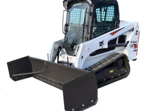 Image of a Bobcat featuring a Small Skid Steer Snow Push attachment at the front, perfect for tasks like construction, landscaping, and snow removal. The compact machine showcases a stylish white and black color scheme.