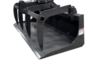 Image of a Compact Skid Steer Scrap Grapple Bucket in black steel, designed for lifting and handling large materials. This heavy-duty attachment features multiple curved tines and hydraulic components, making it perfect for use with skid steers.
