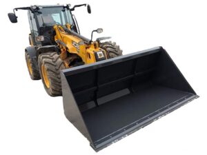A front-view of a yellow Telehandler Light Material Bucket by JCB, featuring a large black bucket attachment designed for handling light materials.