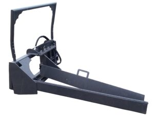 Image of the Skid Steer Tree Mover, a mechanical attachment featuring two pointed forks, commonly used for handling logs or other large objects in industrial or construction settings.