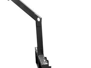 The Skid Steer Tree Boom is a black metal bracket with an adjustable arm, ideal for mounting on a skid steer or attaching a tree boom, and comes with all necessary hardware.