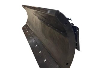 A Skid-Steer Trip Edge Snow Blade in black, featuring a slightly curved trip edge, is presented against a plain white background.
