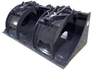 The Wheel Loader Grapple Bucket is a black attachment designed for heavy machinery such as tractors, skid steers, or wheel loaders, featuring dual claws for grabbing and lifting materials.
