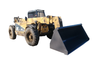 A yellow CAT TH63 telehandler outfitted with a Telehandler Material Bucket in black, parked outdoors on a dirt surface, ready for heavy material handling.