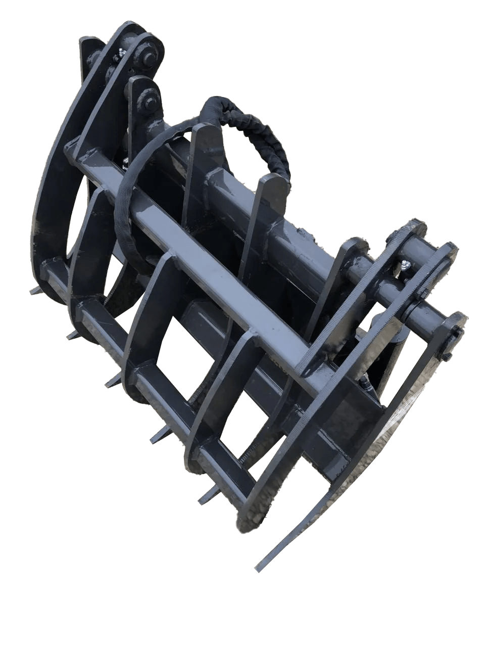 The Dingo Root Rake, an industrial metal grapple attachment for equipment, boasts multiple prongs and a robust frame, making it ideal for effortlessly handling large materials.