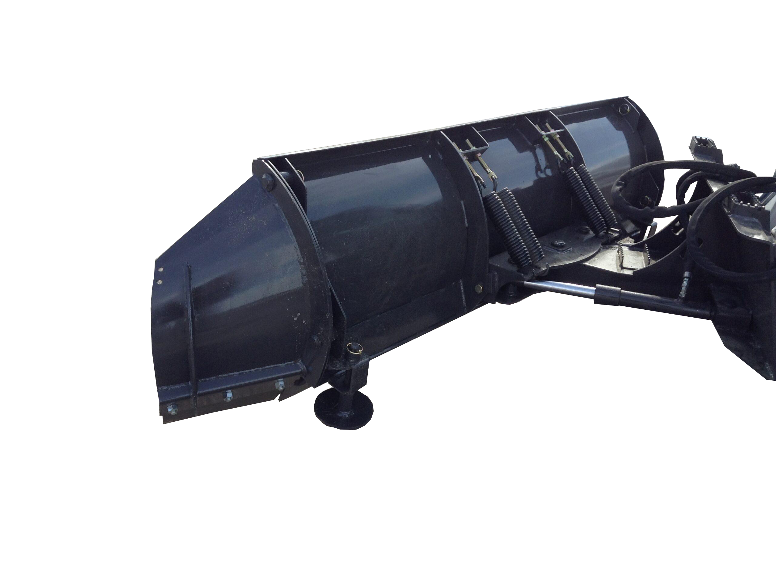 Image of the Skid-Steer Trip Moldboard Snow Blade in black, designed to clear snow from roads or driveways. The attachment features a wide, curved moldboard with visible springs and mounting hardware.
