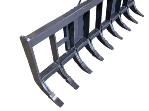 A Skid Steer Rake, featuring multiple curved prongs and designed for use with skid steer loaders in industrial or agricultural machinery, is displayed against a white background.