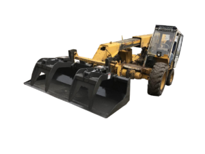 A yellow Small Wheel Loader Grapple Bucket is parked on a dirt surface in a wooded area, showcasing its versatility similar to that of a backhoe loader with a large front bucket attachment.