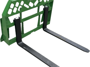 The Extra Light Duty Pallet Fork For JD 200-500 series features a green pallet fork attachment with two black prongs, designed for use with forklifts or tractors. The top of the frame is branded with the name "MELECIO," ensuring versatile utility across machines.