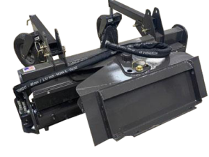 A Dingo and Bobcat Soil Conditioner, an industrial machine attachment featuring various hydraulic components, black hoses, and metal structures, placed on a concrete surface.