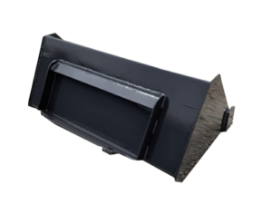 An empty black metal Dirt Bucket – Dingo and Toro attachment for heavy machinery lies on a gravel surface, ready to be paired with a Toro Dingo.