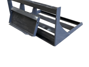A gray metal industrial bracket with a triangular base and horizontal support beams, resembling the sturdy construction of a Bobcat and Dingo Land Leveler, placed on a concrete floor.