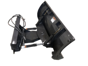 A Dingo Snow Plow attachment with hydraulic hoses and metal springs lies on a concrete floor, ready for installation on compatible Dingo equipment.