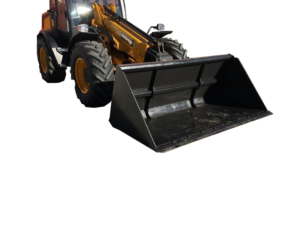 A yellow front-end loader featuring the Telehandler Heavy Duty Bucket attachment is parked on a concrete surface in front of a building with white garage doors, showcasing its heavy-duty capabilities.