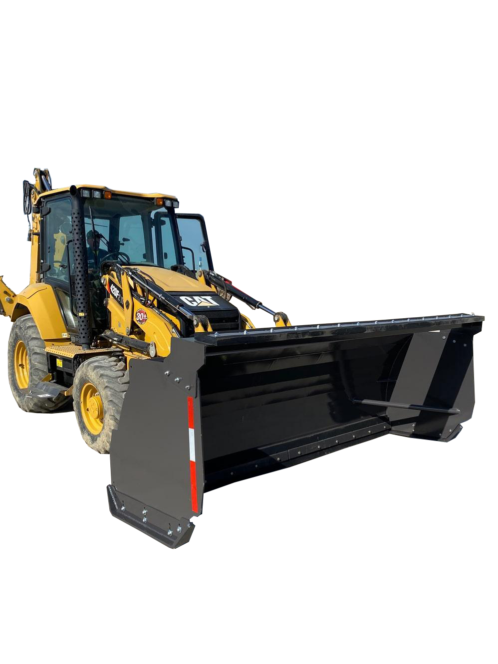 A yellow Wheel Loader Snow Push with a large black attachment installed on the front stands on concrete, ready to push through snow, with other construction equipment in the background.
