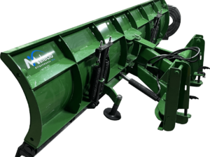 The John Deere Loader Tractor Snow Blade Trip Edge 10′ FF is a green metal attachment designed to fit seamlessly with John Deere loader tractors, featuring a sturdy blade, springs, and black hydraulic hoses.