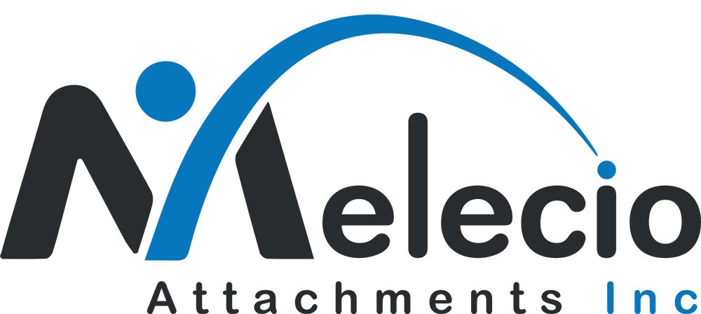 Logo for Melecio, featuring the company name in bold, black letters with a stylized blue icon resembling a letter 'A' above the text.
