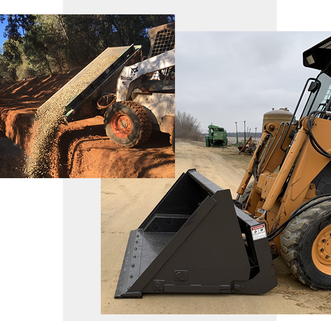 Two images: Top shows a construction vehicle pouring gravel onto a dirt area near a home. Bottom shows a close-up of an empty bucket attachment on a construction vehicle on a dirt road.